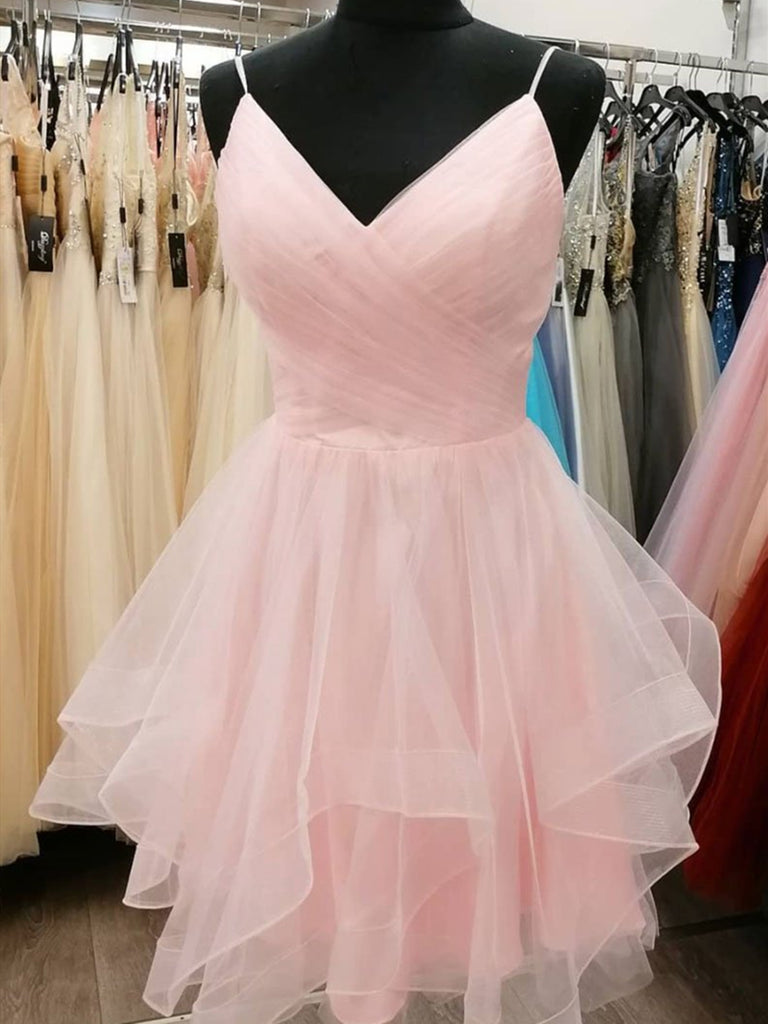 jr prom dresses short Short V Neck Pink Junior Prom Dress REAL028