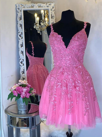 V Neck Short Fuchsia Lace Prom Dress REAL029