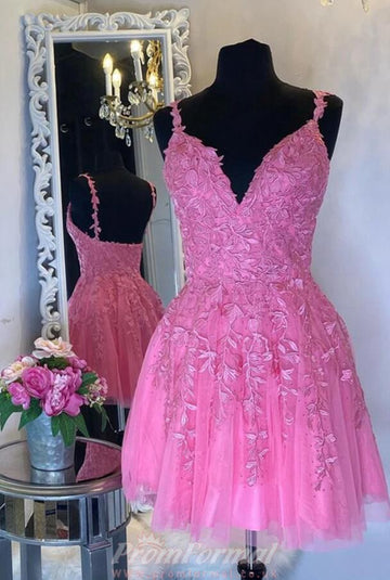 V Neck Short Fuchsia Lace Prom Dress REAL029