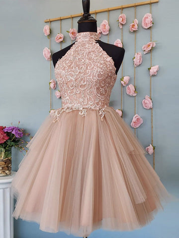 Short Halter Teen Pink Lace Prom Dress REAL032