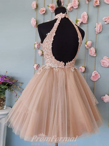 Short Halter Teen Pink Lace Prom Dress REAL032