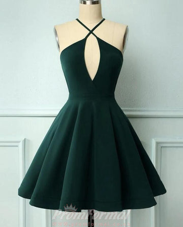Halter Junior Short Dark Green Prom Dress REAL036