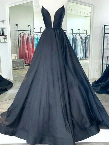 Black V Neck Satin Prom Dress REALS041