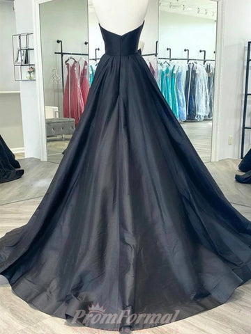 Black V Neck Satin Prom Dress REALS041