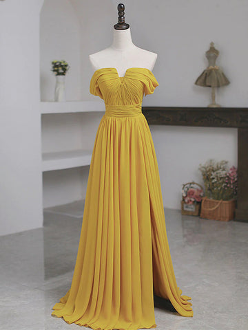 Off the Shoulder Peru Yellow Chiffon Prom Dress REALS047