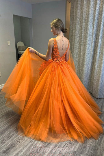 V Neck Orange Lace Prom Dress REALS049