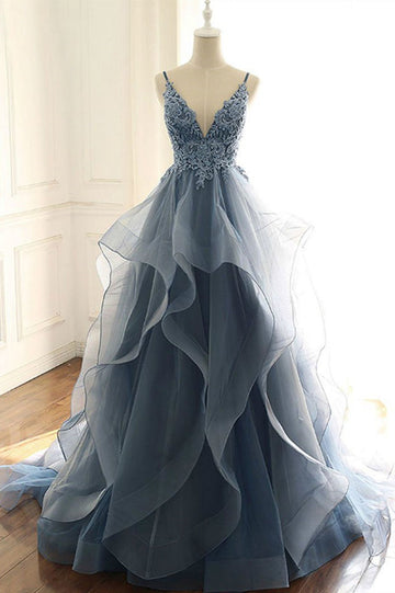 V Neck Gray Lace Prom Dress REALS050
