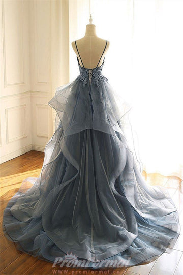 V Neck Gray Lace Prom Dress REALS050