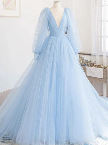 Long Sleeves Light Blue Prom Dress REALS052