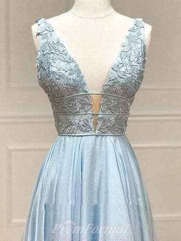 Light Blue V Lace Lace Formal Graduation Dress REALS054