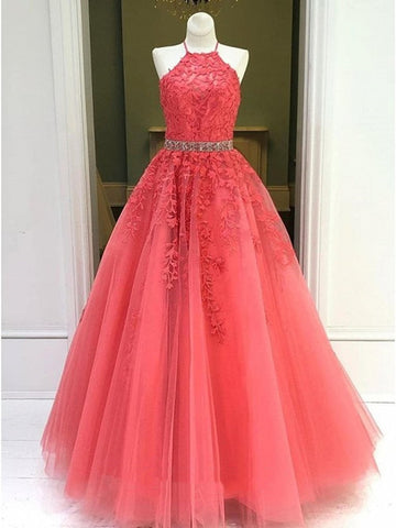 Halter Neck Coral Lace Prom Dress REALS058