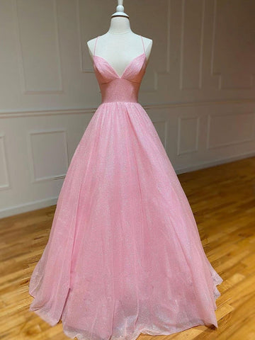 Princess Straps V Neck Pink Long Prom Dress REALS060