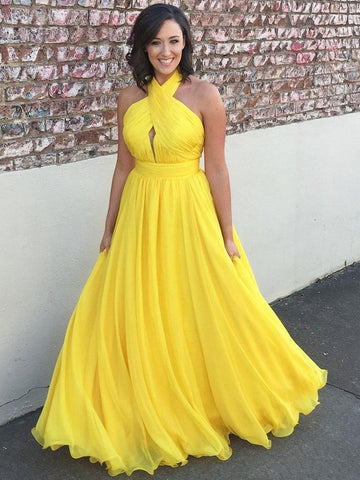 Yellow Chiffon Halter Prom Dress REALS061