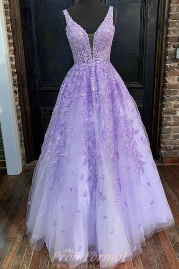 V Neck Purple Lace Prom Dress REALS067