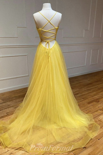 V Neck Yellow Long Prom Dress REALS069