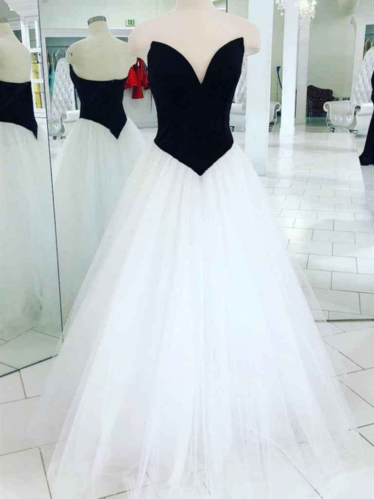 V Neck Black White Prom Dress REALS070