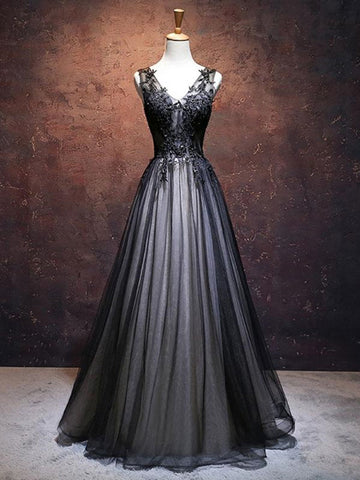 V Neck Black Lace Prom Dress REALS072