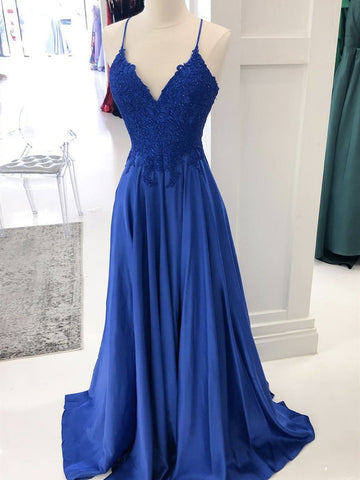 V Neck Royal Blue Lace Prom Dress REALS079