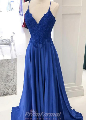V Neck Royal Blue Lace Prom Dress REALS079