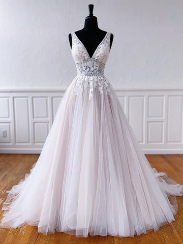 Princess V Neck Light Gray Lace Prom Dress REALS086