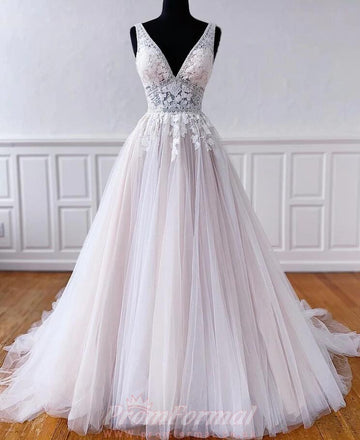 Princess V Neck Light Gray Lace Prom Dress REALS086