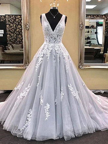 Princess V Neck Light Gray Lace Prom Dress REALS088