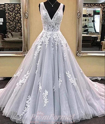 Princess V Neck Light Gray Lace Prom Dress REALS088