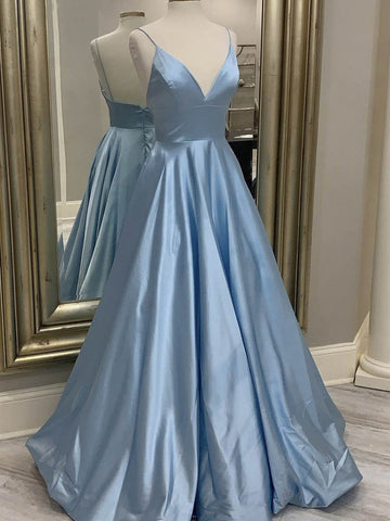 A Line Dusty Blue V Neck Satin Long Prom Dress REALS091