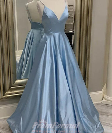 A Line Dusty Blue V Neck Satin Long Prom Dress REALS091