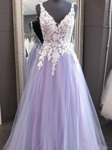 V Neck Lilac Purple Blue Lace Prom Dress REALS092