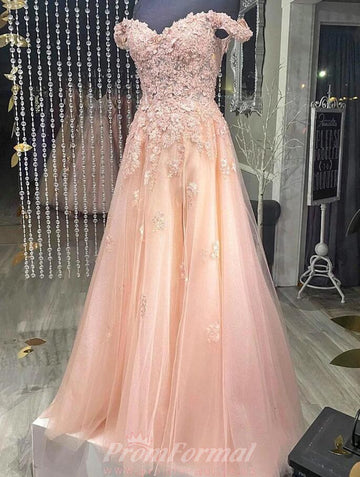 Princess Off The Shoulder Pink Lace Prom Dress REALS094