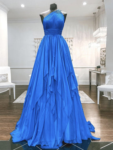 A Line One Shoulder Blue Prom Dress REALS100