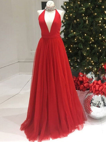 A Line V Neck Red Long Prom Dress REALS106