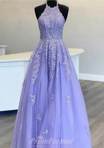 Princess Halter Neck Purple Long Lace Prom Dress REALS110
