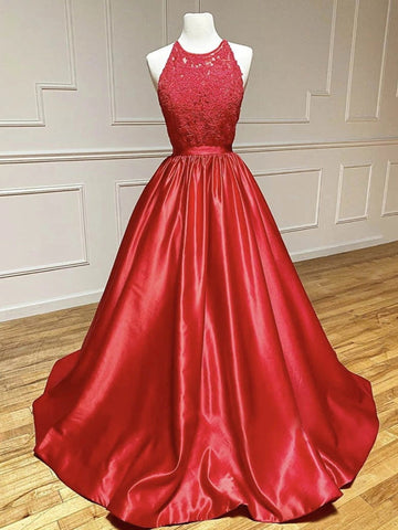 A Line Halter Red Lace Satin Prom Dress REALS111