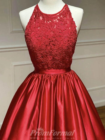 A Line Halter Red Lace Satin Prom Dress REALS111