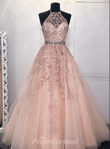 Princess Halter Pink Lace Prom Dress REALS113