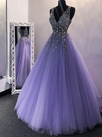 Princess Purple V Neck Beaded Long Prom Dress REALS118