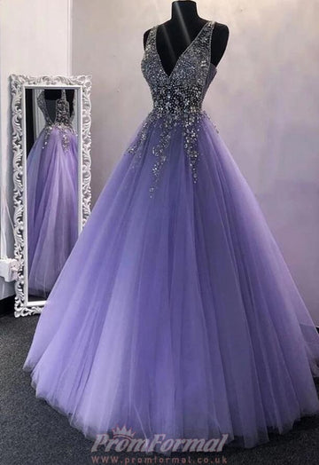 Princess Purple V Neck Beaded Long Prom Dress REALS118
