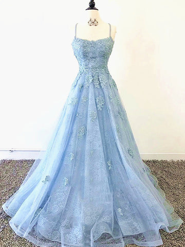 Princess Straps Blue Lace Formal Evening Dress REALS121