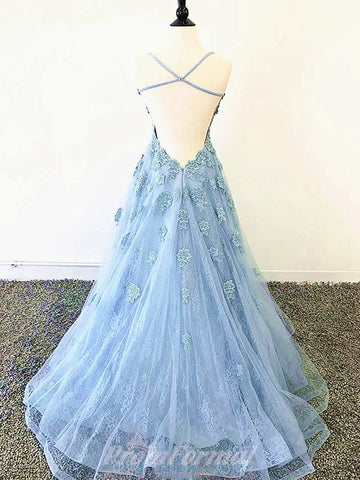 Princess Straps Blue Lace Formal Evening Dress REALS121