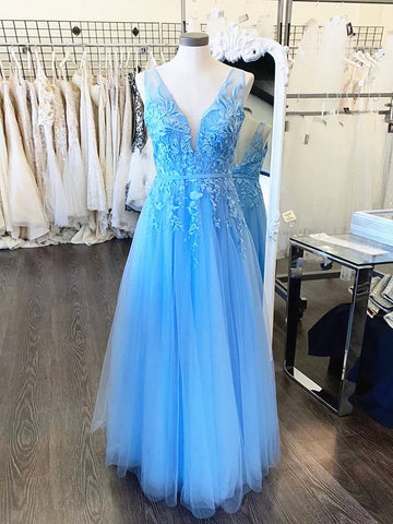 Princess V Neck Light Blue Lace Prom Dress REALS122