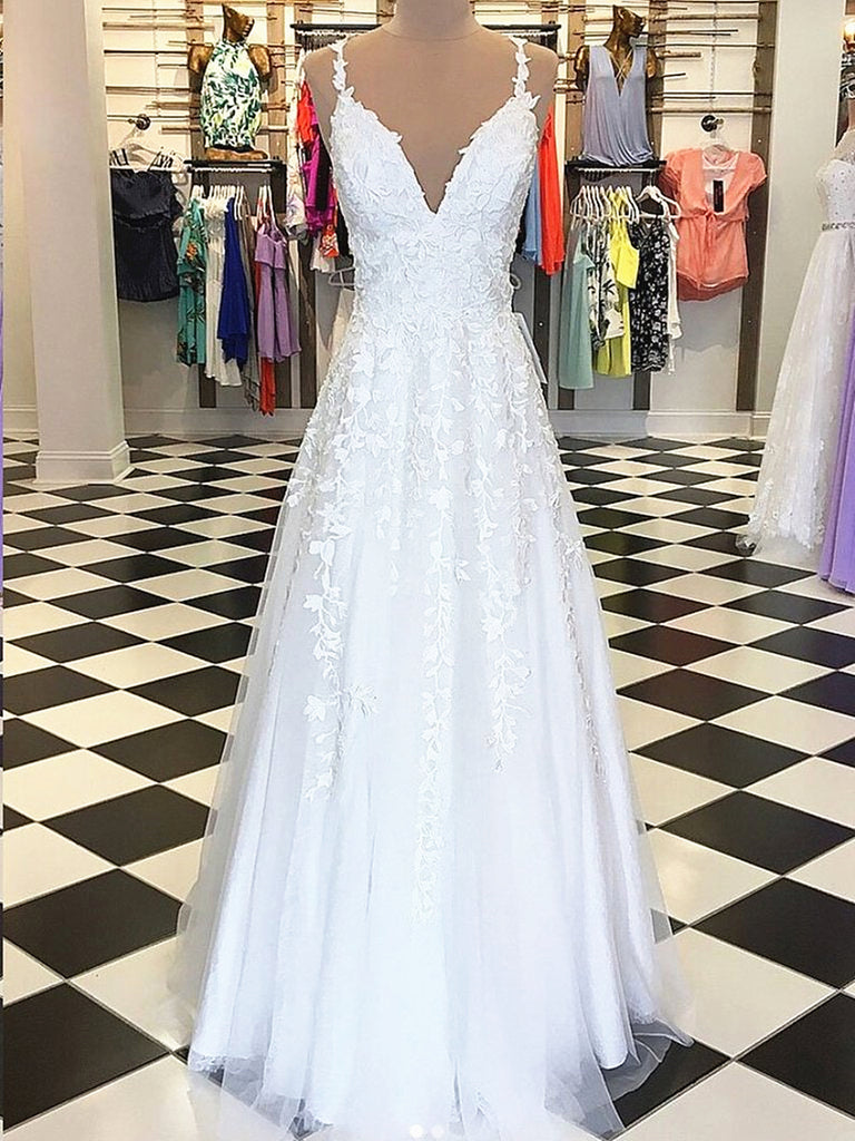 A Line V Neck White Lace Prom Dress REALS125 A Line V Neck White Lace Prom Dress REALS125