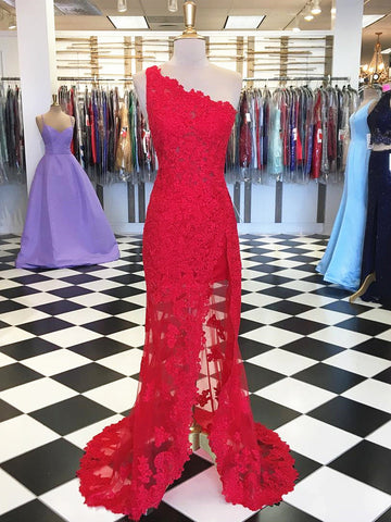 Sheath/Column One Shoulder Red Lace Prom Dress REALS126