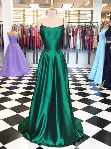 A Line Dark Green Satin Prom Dress REALS127