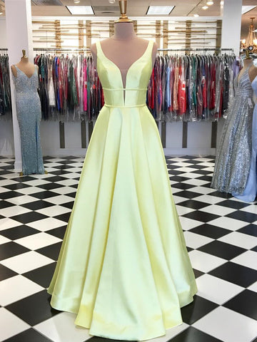 Satin V Neck Yellow Prom Dress REALS133