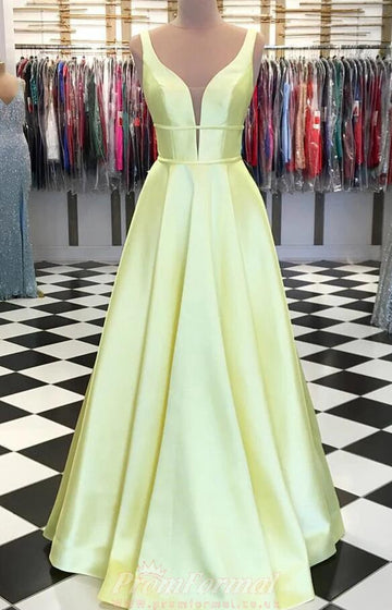 Satin V Neck Yellow Prom Dress REALS133