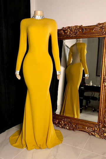 Yellow Long Sleeve Open Back Mermaid Evening Dress REALS137