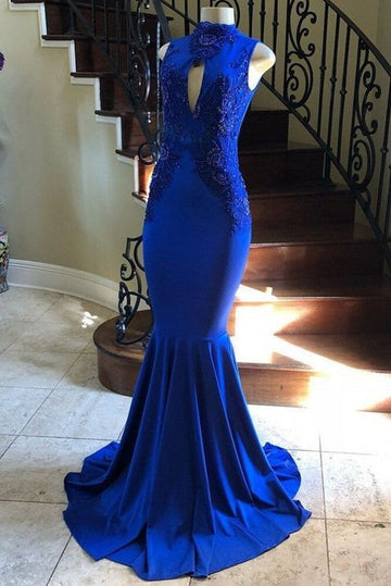 Royal Blue High Neck Keyhole Appliques Mermaid Evening Dress REALS138