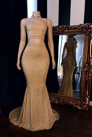 Champagne Sequins Two piece Long Mermaid Prom Dress REALS140
